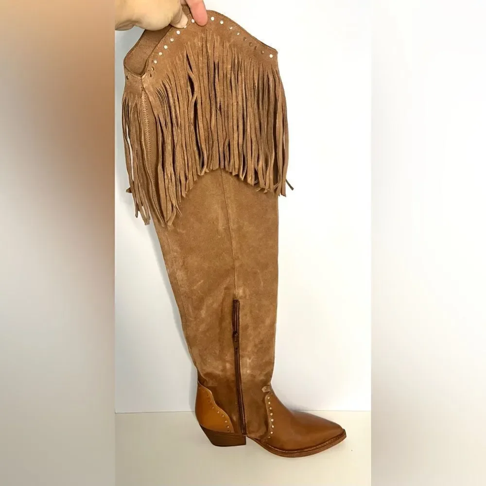 Free People Wayne Fringe Suede Over The‎ Knee Leather Western Boots Brown 6 NIB